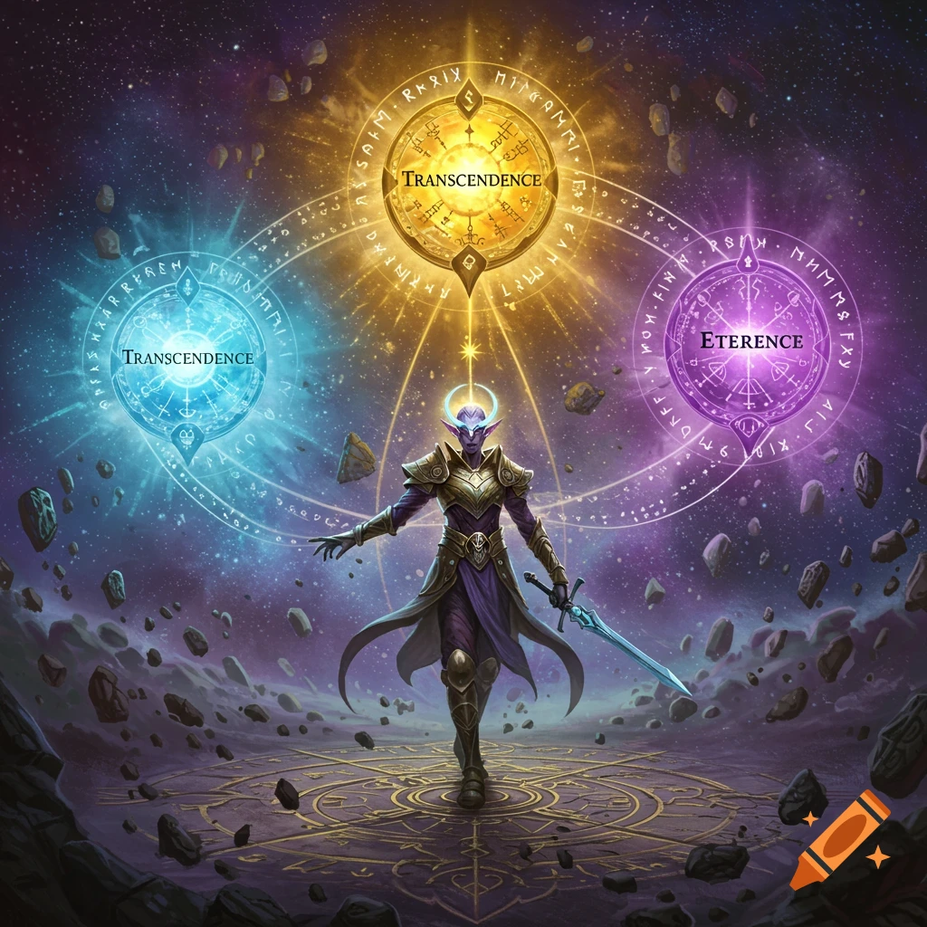 Mystical trading card art of an Orbbound warrior surrounded by glowing orbs in a cosmic battlefield