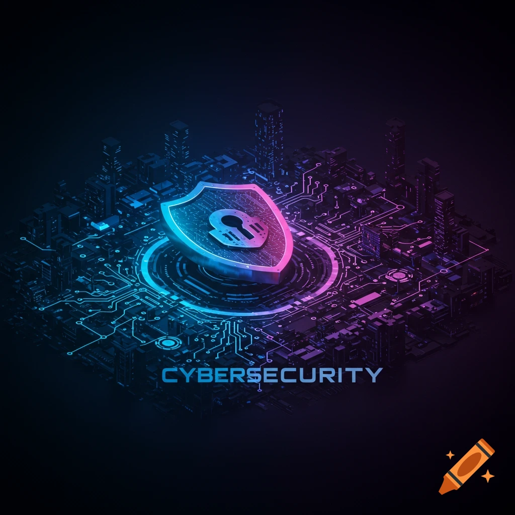 Abstract digital art banner for cybersecurity showing a shield over a circuit board city with neon blue and pink light.