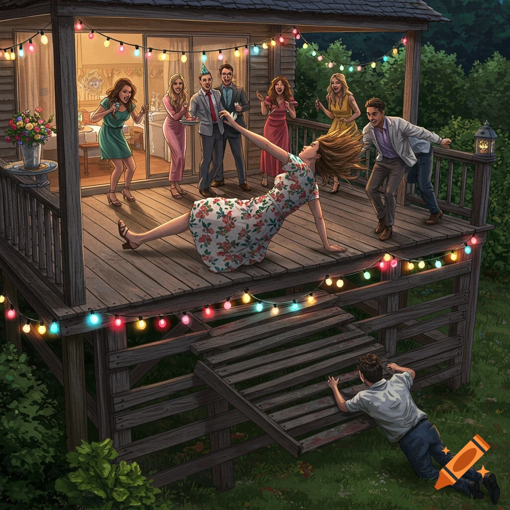 Woman falling off a deck