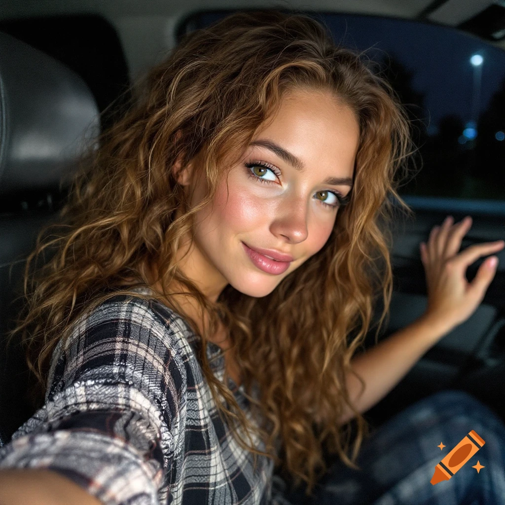 Photorealistic portrait of a smiling woman with curly hair in a car at night.