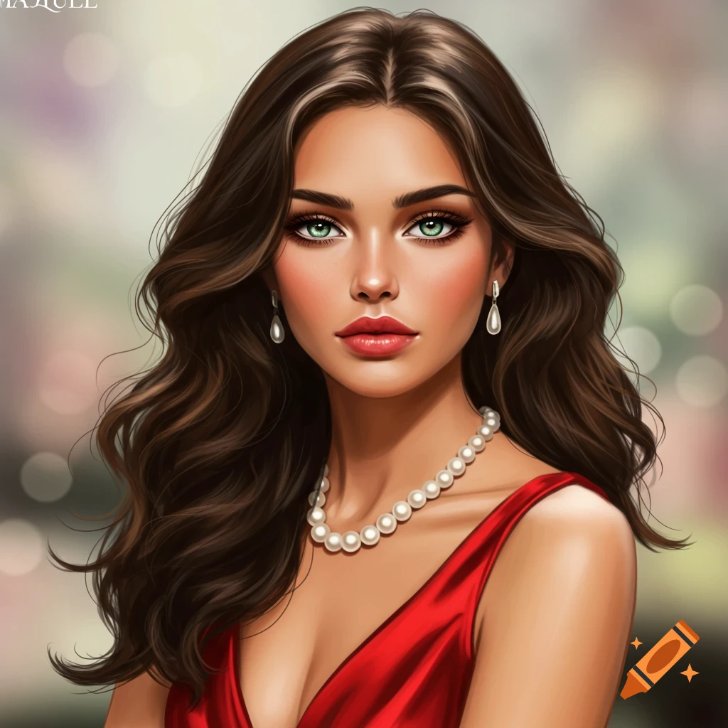 Illustration of a woman in a red dress and pearl necklace.