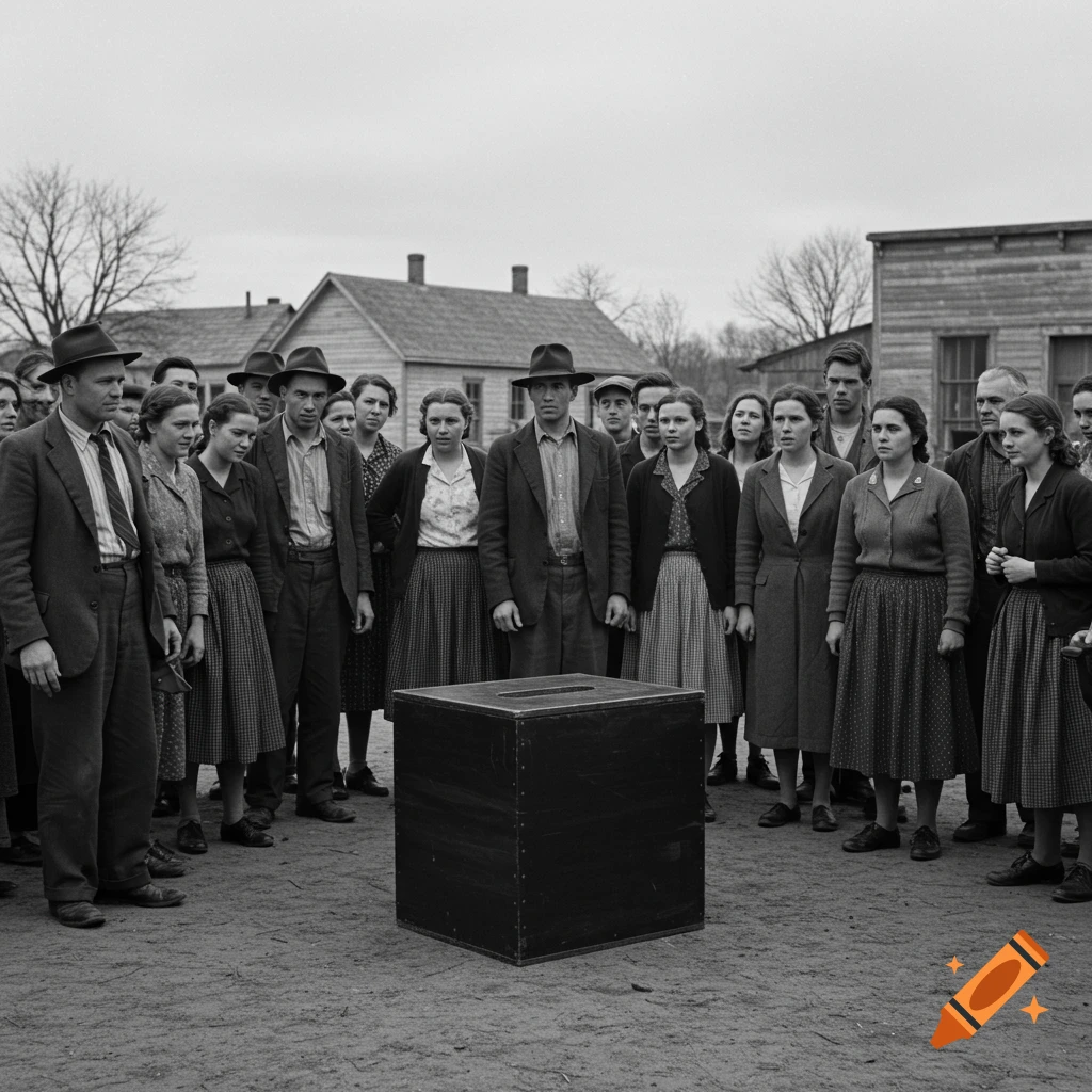 Black and white photo of a crowd of people standing around a black box outdoors.