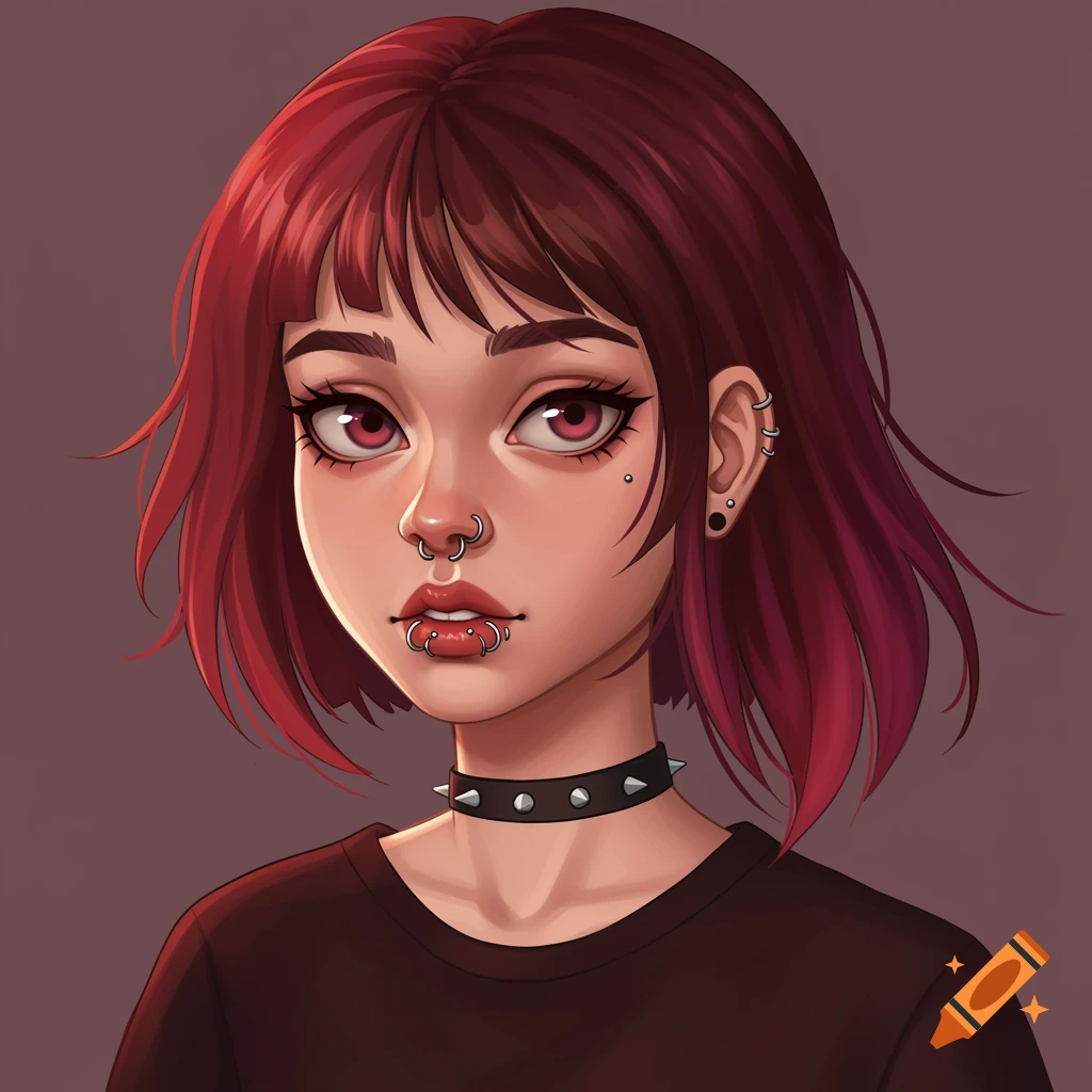 Anime portrait of a girl with red hair, facial piercings, and a spiked choker.