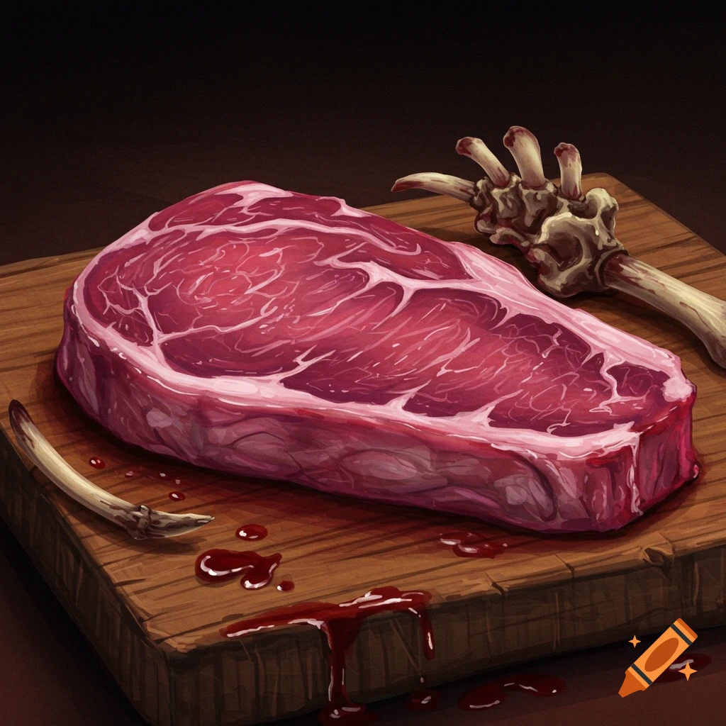 A large raw steak and bone fragments on a wooden cutting board with blood drops.