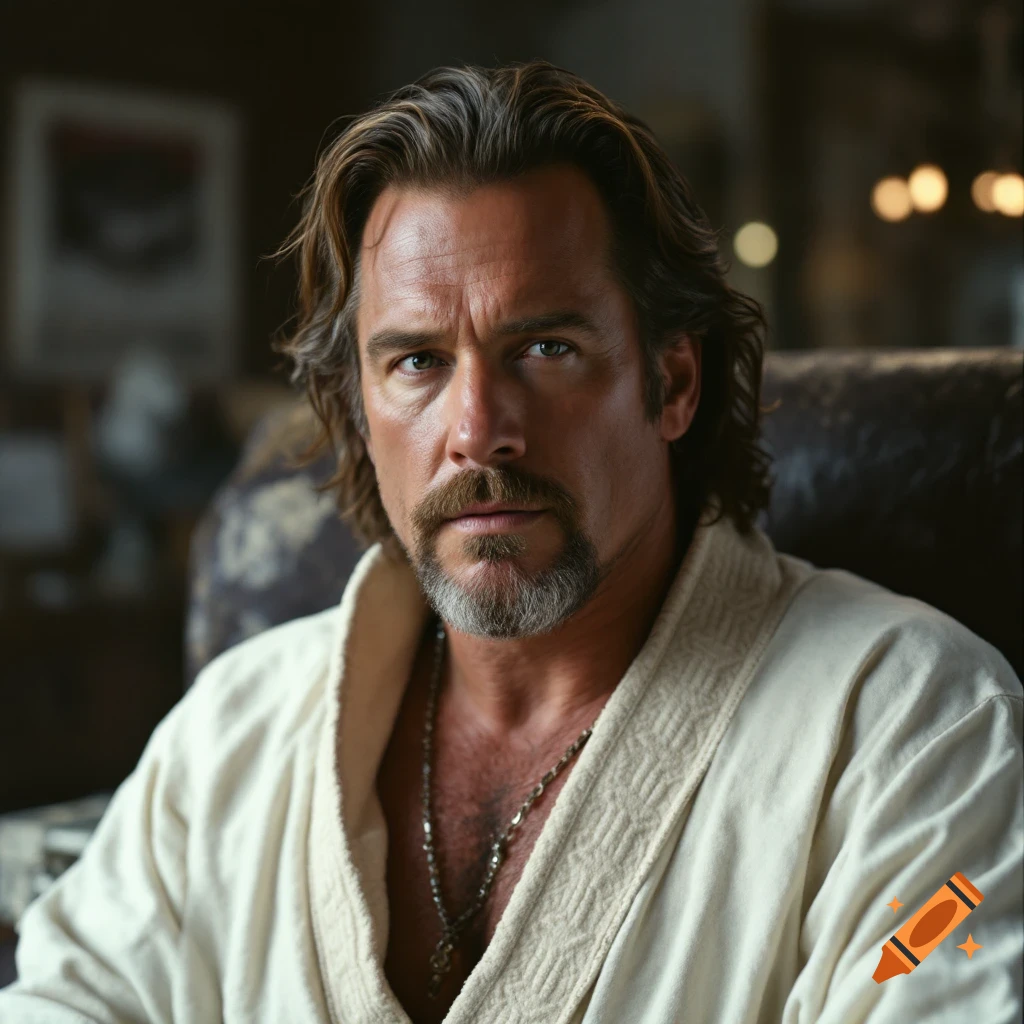 Photorealistic portrait of a man with long hair and beard wearing a robe and necklace.