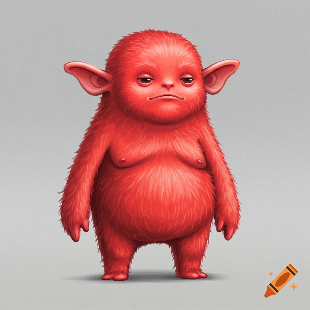 A red, furry creature with large ears and a round belly stands.
