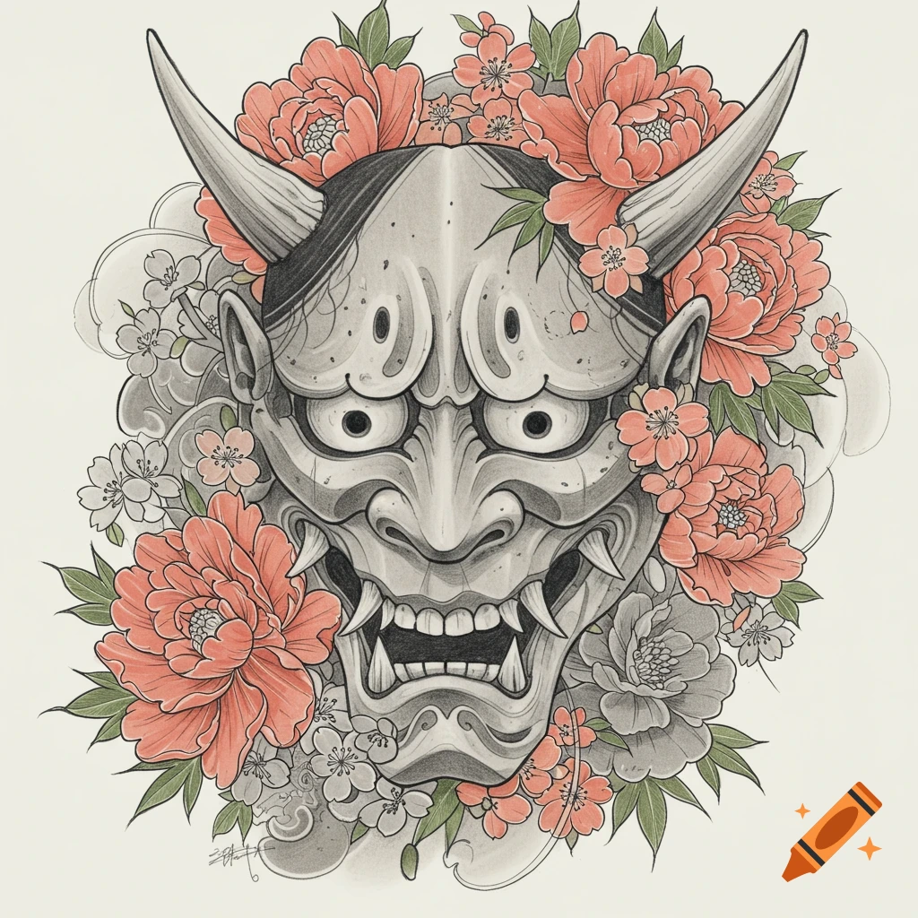 Pencil drawing of an Oni mask surrounded by flowers and clouds.