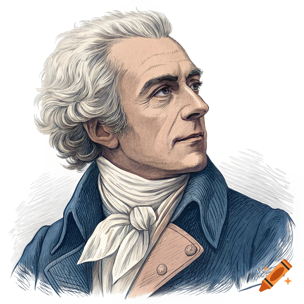 Illustration portrait of a man with white curly hair wearing a white cravat and blue coat