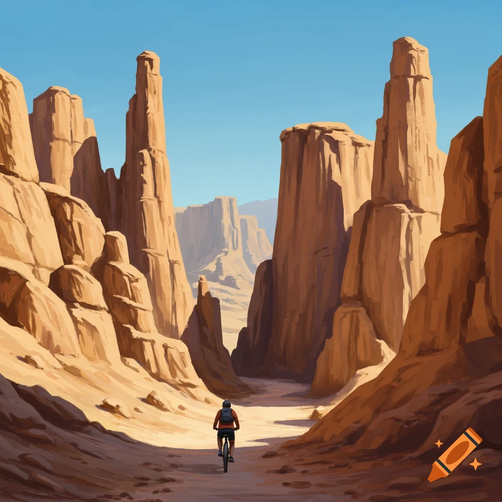 A person bikes through a sandy desert canyon with tall rock formations under a blue sky.