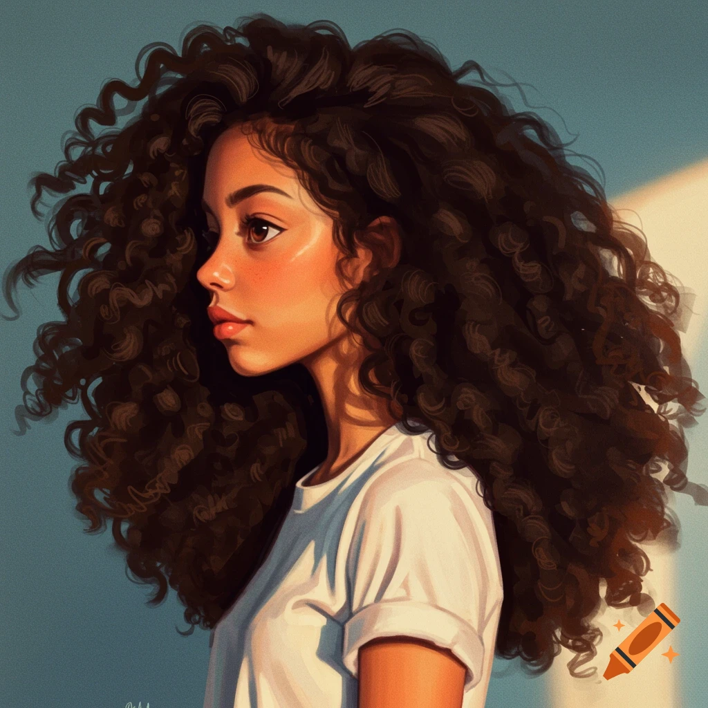 Illustrated profile portrait of a young woman with long, curly dark brown hair.