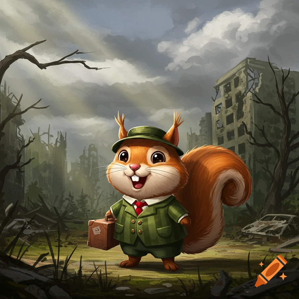 Cartoon squirrel in suit with suitcase in post-apocalyptic ruins.