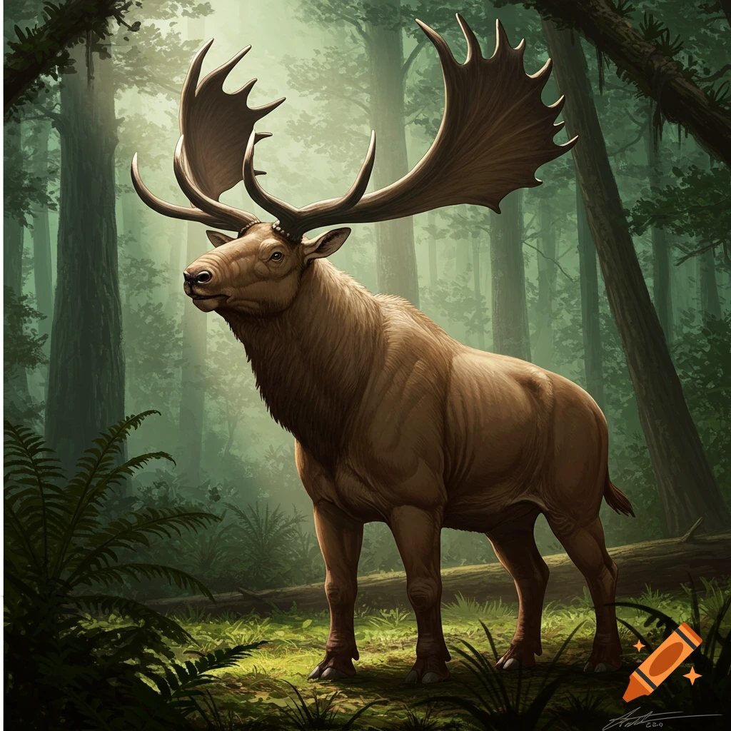 A large prehistoric elk with huge, palmate antlers stands in a misty forest clearing.
