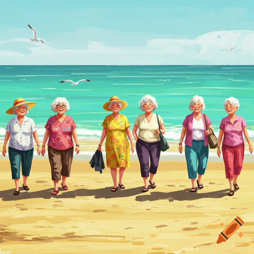 Illustrative image of six older women walking on a sunny beach with gulls flying.
