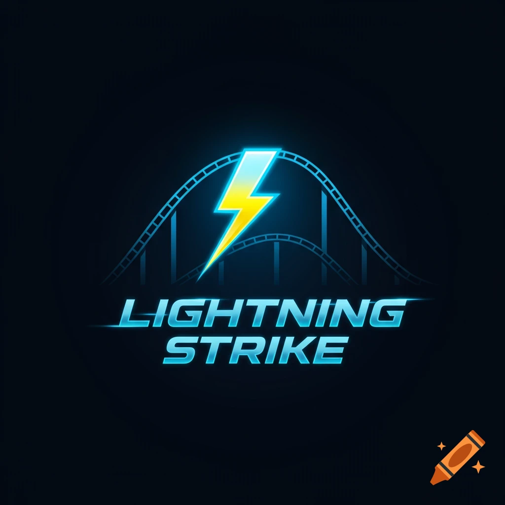 Logo for Lightning Strike rollercoaster featuring a lightning bolt over a track silhouette