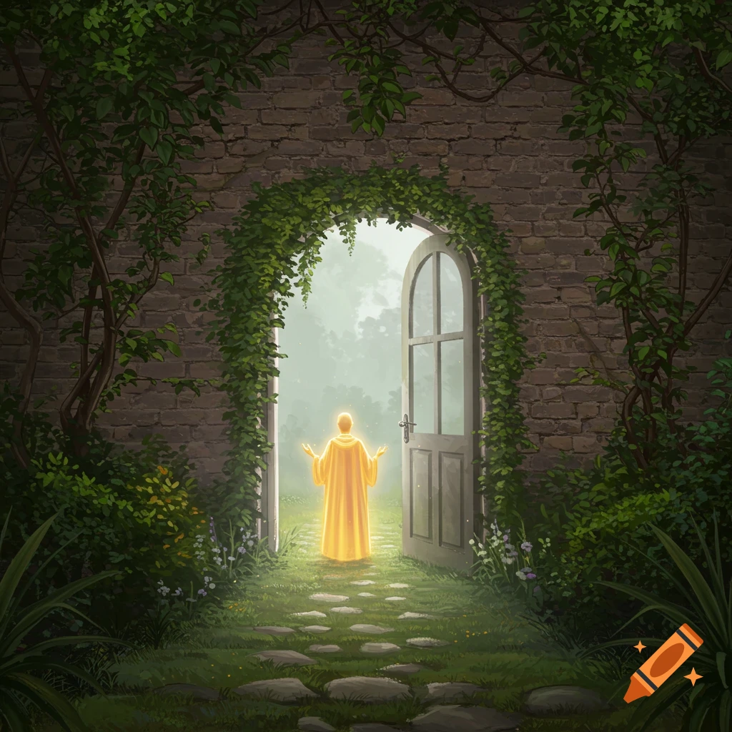Glowing figure stands before an open door in a vine-covered garden wall.