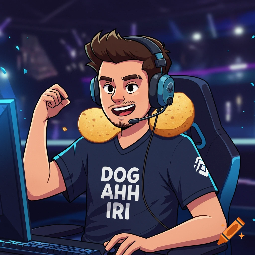 Cartoon gamer wearing a headset and shirt that says DOG AHH IRI, sitting at a computer