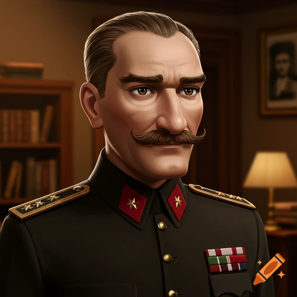 Cartoon style portrait of a man resembling Ataturk in military uniform, standing in an office.