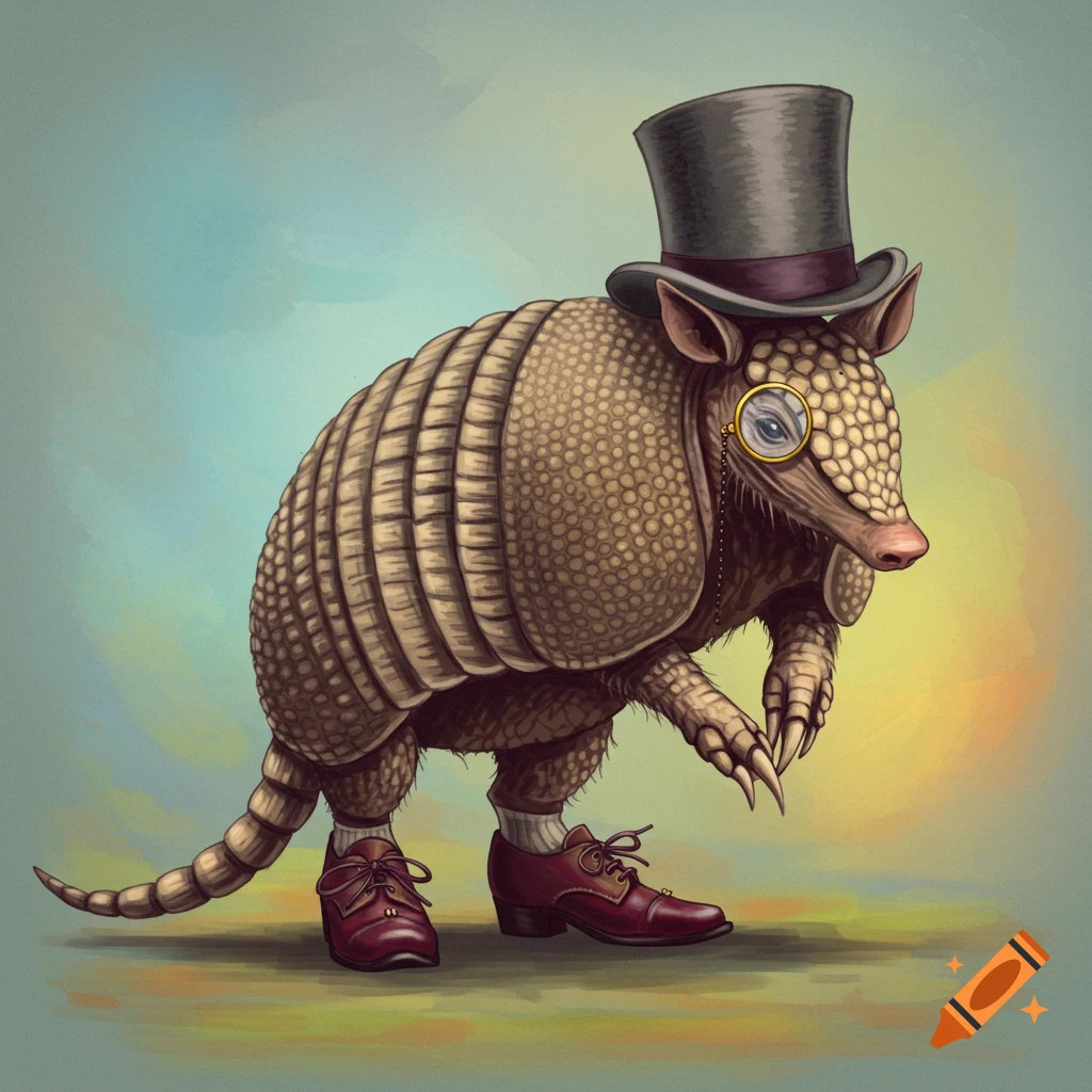 An armadillo wearing a top hat, monocle, and dress shoes.