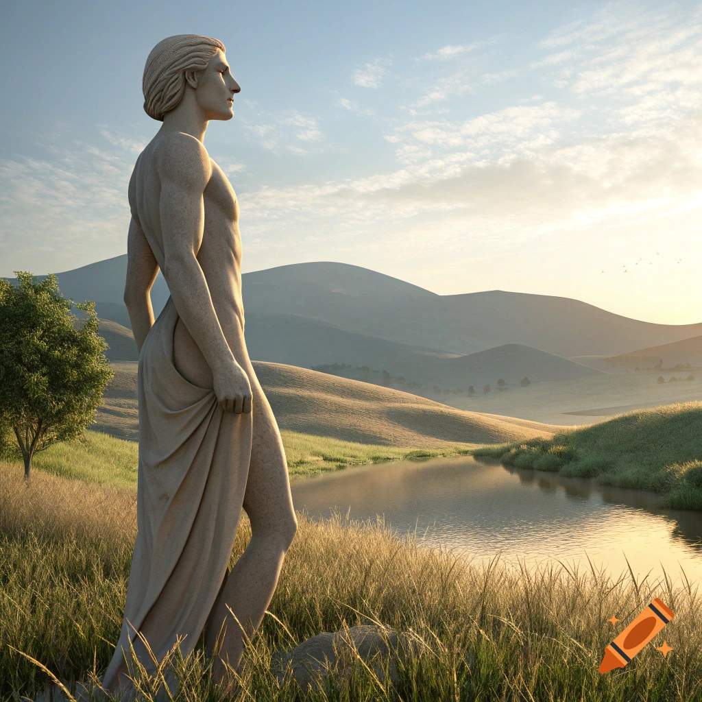A stone statue of a male figure draped in cloth stands in a grassy field by a lake at sunrise.