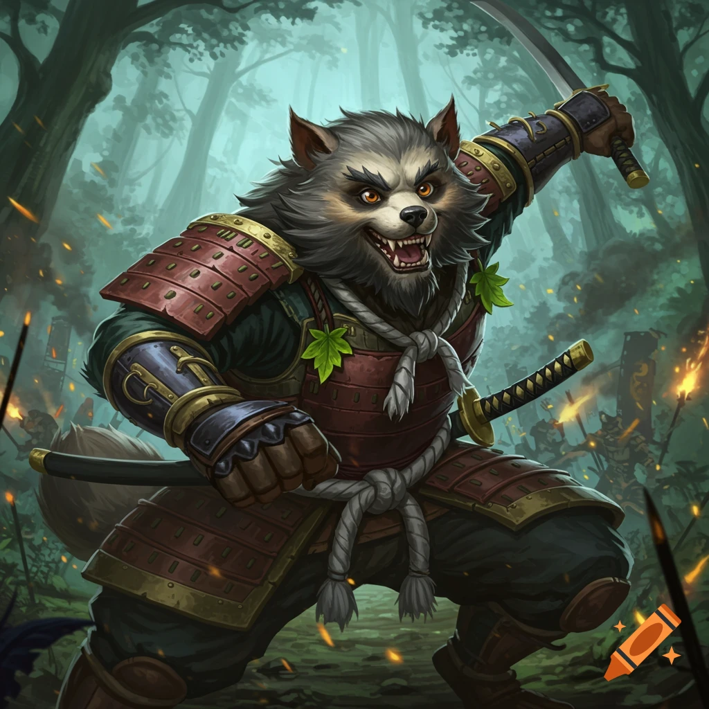 Fantasy wolf samurai warrior in a forest battlefield with sword