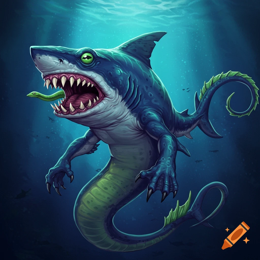 Illustrated blue monster with shark head, frog feet, snake eyes, and coiled tail underwater.