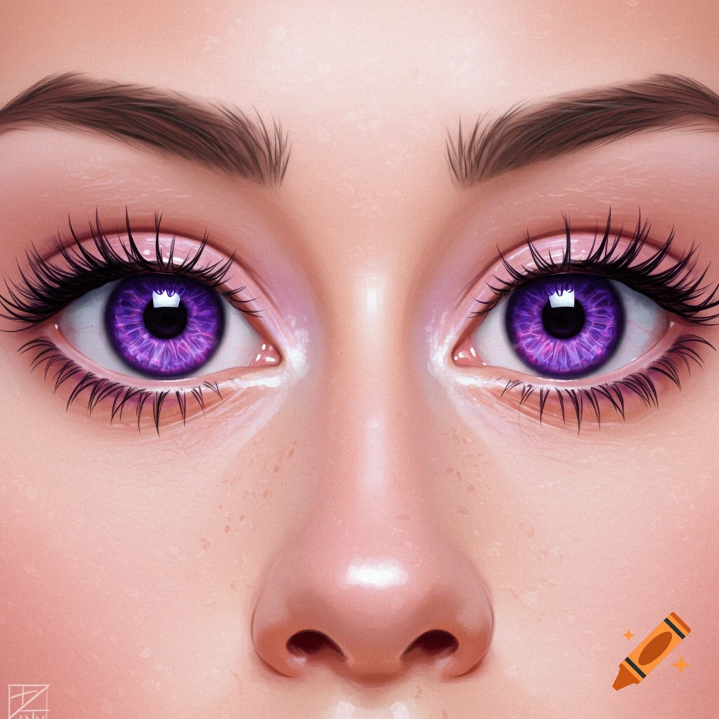 Close-up illustration of purple eyes with long lashes and eyebrows.