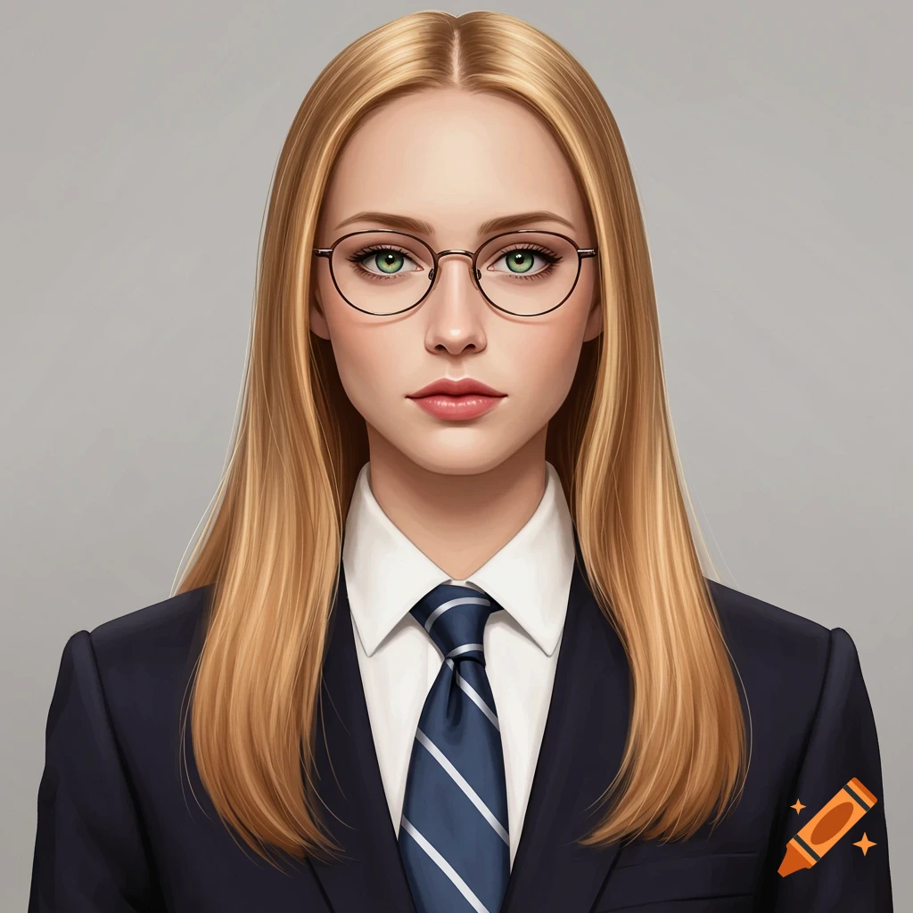 Digital illustration of a woman in a suit, tie, and glasses.