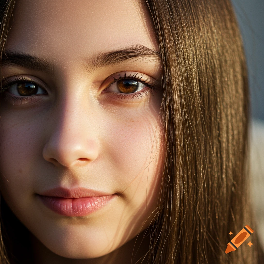 Close-up photorealistic portrait of a girl with brown eyes and straight hair