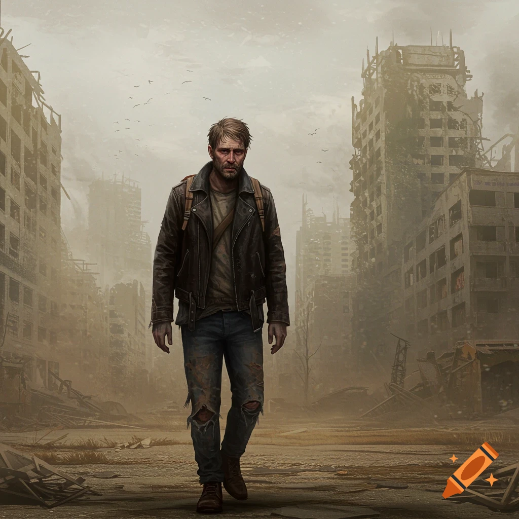 Tired survivor walks through ruined post-apocalyptic city landscape.