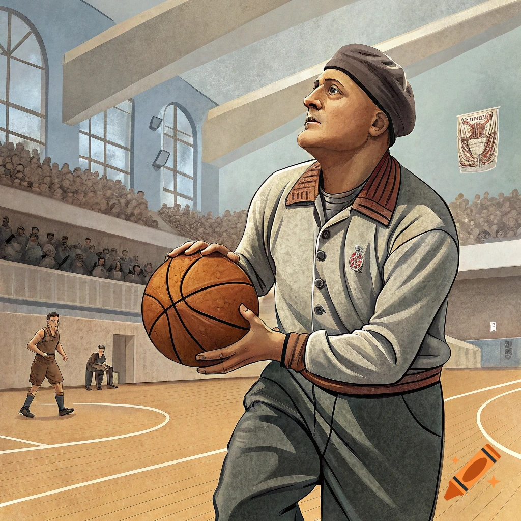 Illustration of a man resembling Mussolini playing basketball in a crowded gym.