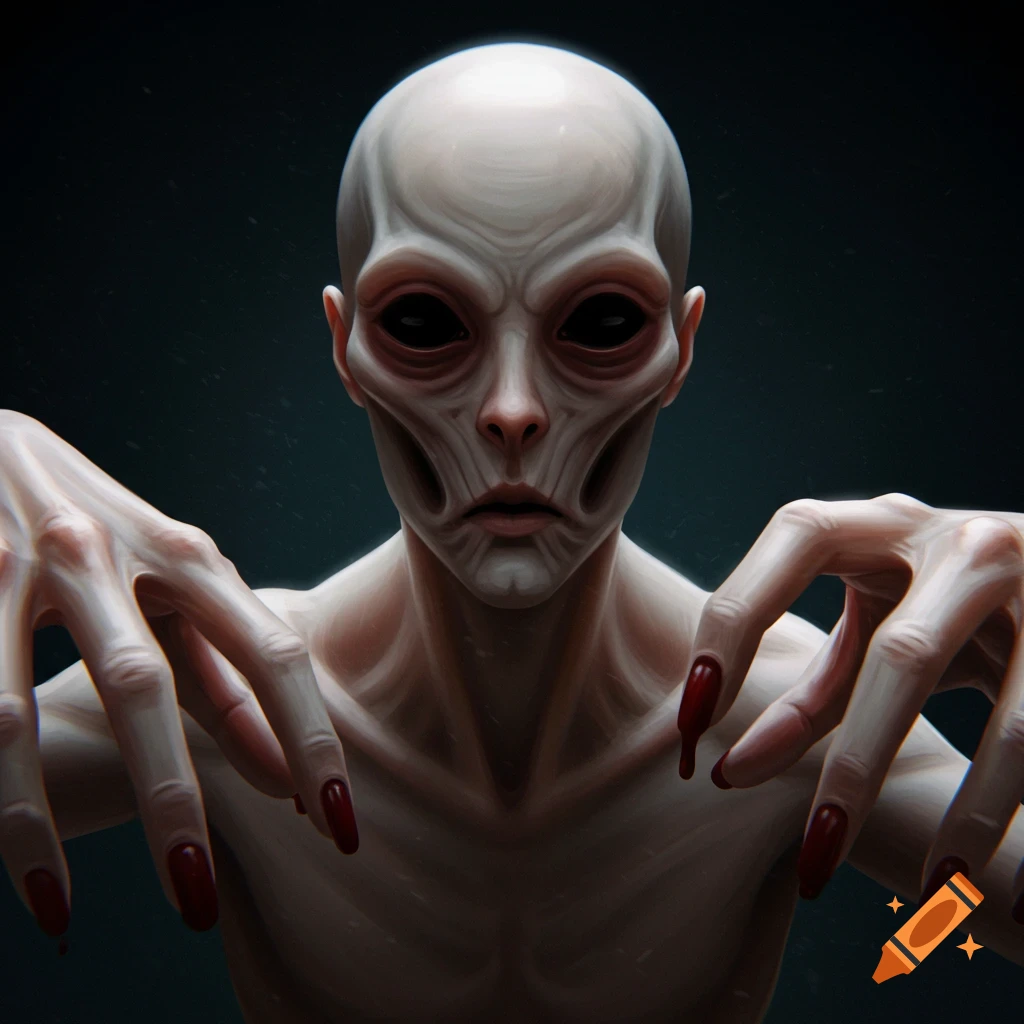 A pale, mouthless alien creature with large black eyes and long fingers with red nails reaches towards the viewer.