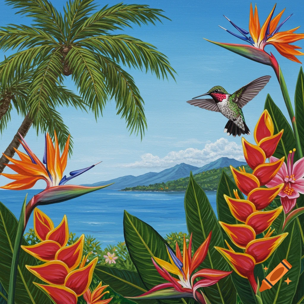A hummingbird flies among colorful tropical flowers and palm trees, with ocean and mountains in the background.
