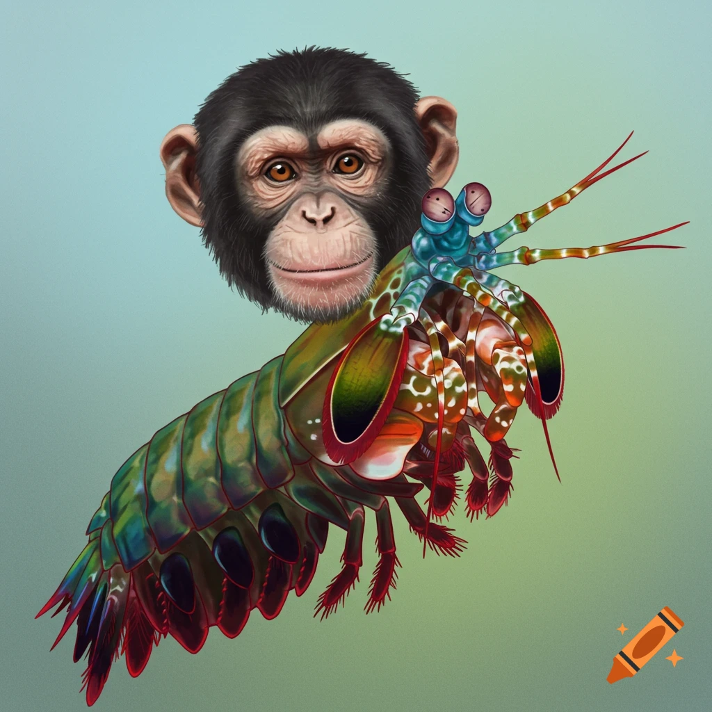 An illustration of a creature with a chimpanzee head and a mantis shrimp body.