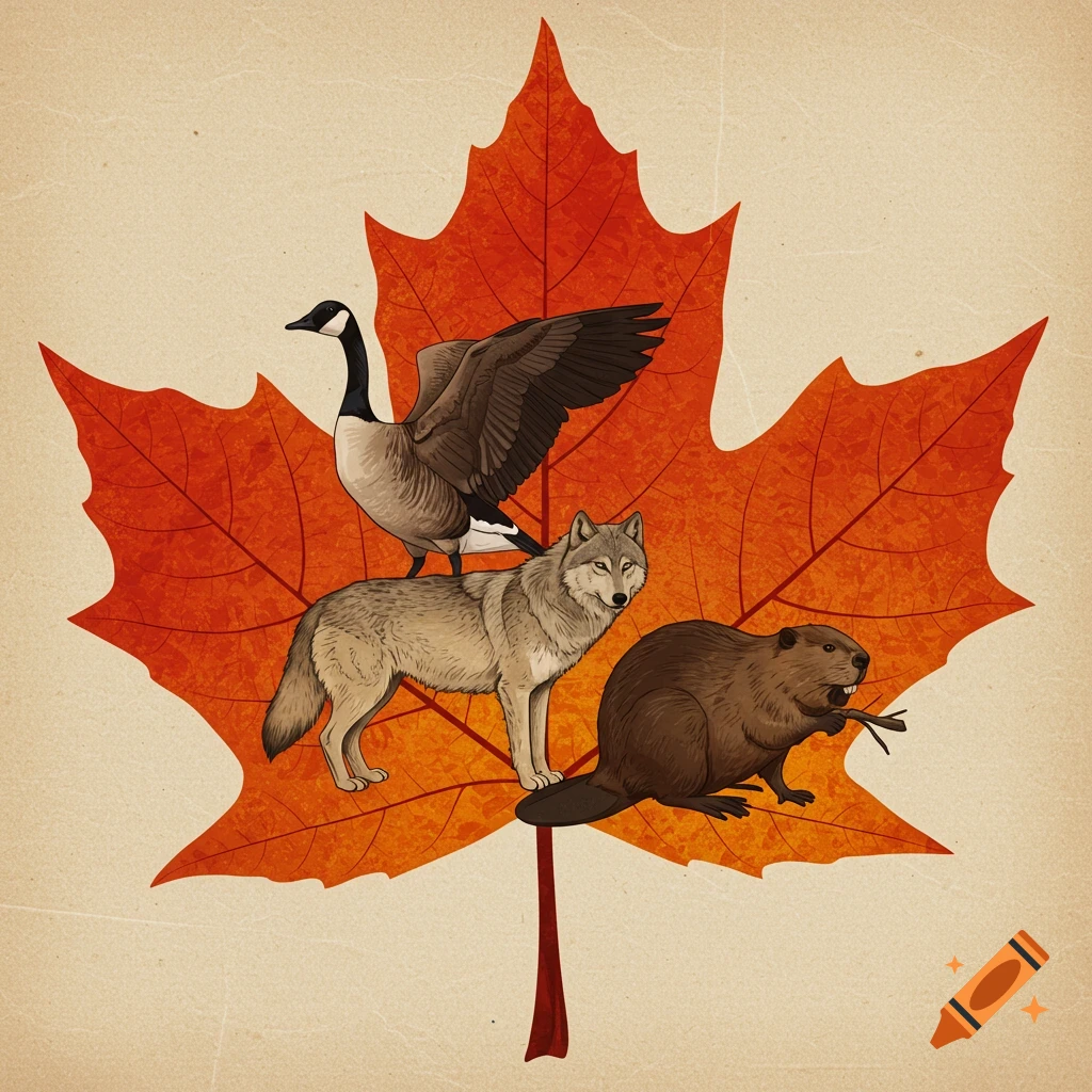 Illustration of a goose, wolf, and beaver standing on a large orange maple leaf.