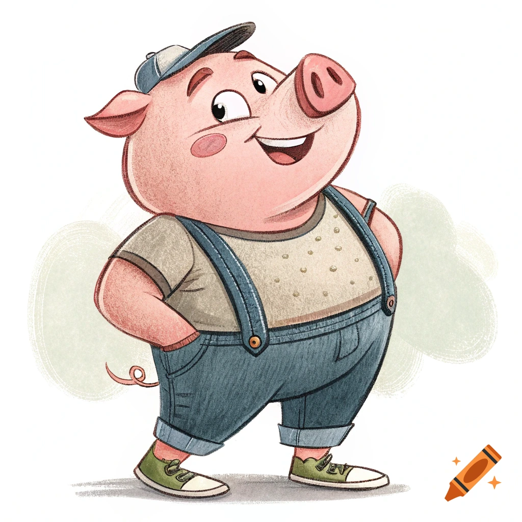 Cartoon illustration of a pig wearing denim overalls and a cap, standing.