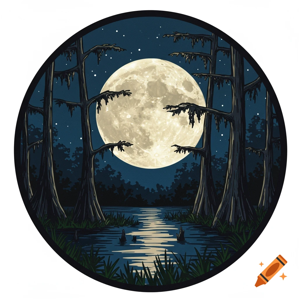 Circular comic art logo of a swamp at night under a full moon, with tall trees and water