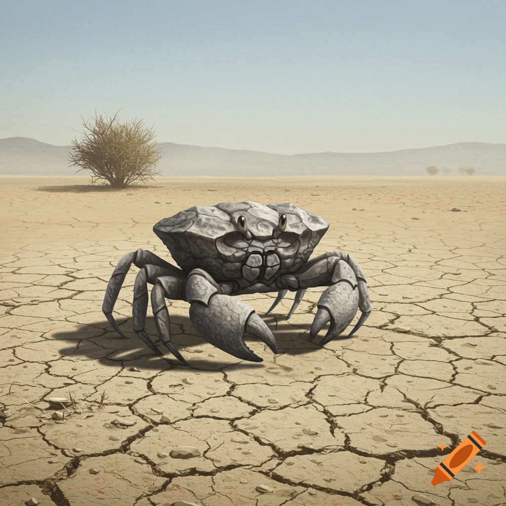 A stone crab stands on cracked dry earth in a desert.