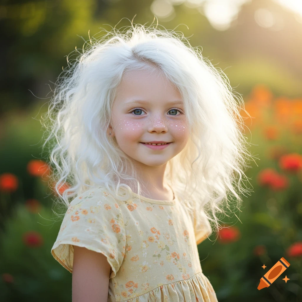 Young girl with white curly hair and freckles smiles in a sunny field of orange flowers.