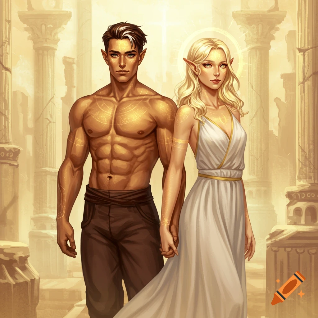 Illustrated fantasy image of a male and female elf/aasimar standing in ruins, holding hands.