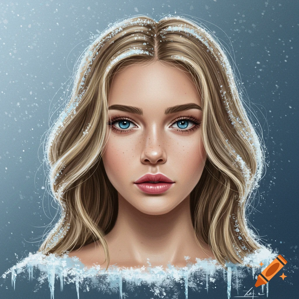 Digital portrait of a woman with blonde hair and blue eyes covered in ice and snow.