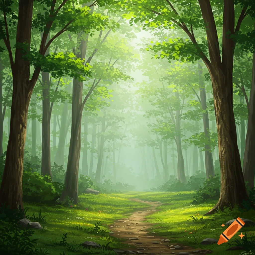 A winding dirt path leads through a lush, sunlit forest with tall trees and vibrant green foliage, in a stylized illustration.