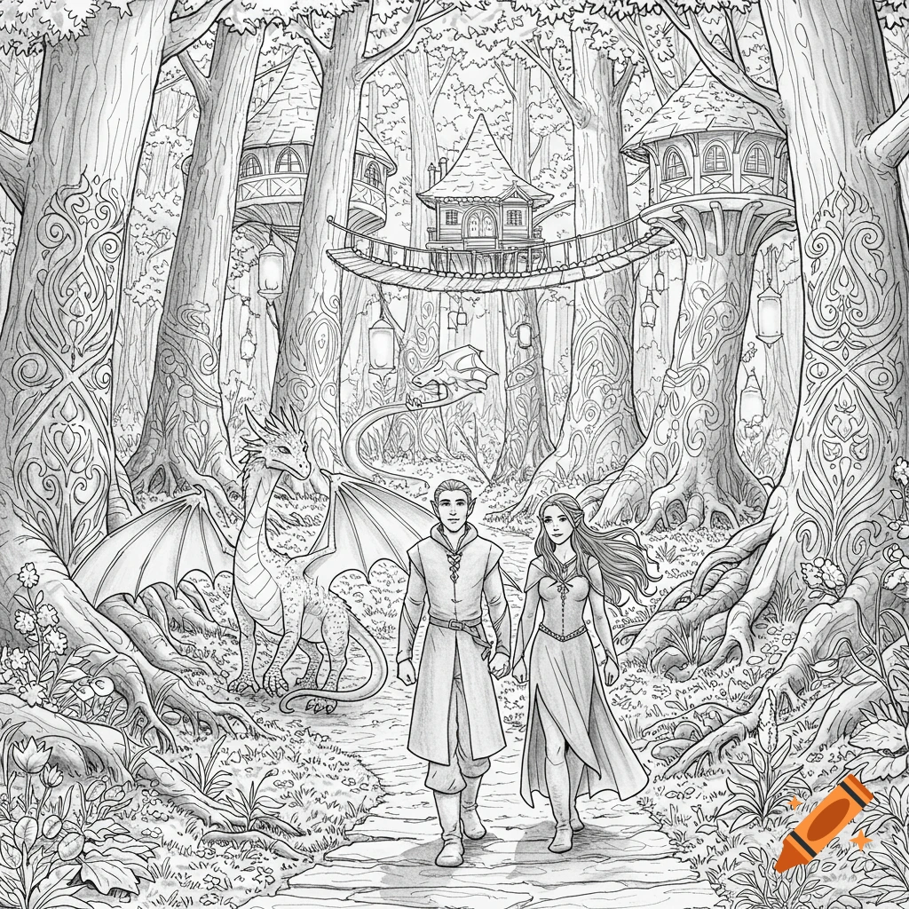 Black and white line art of a man, woman, and dragon walking through a fantasy forest with tree houses.