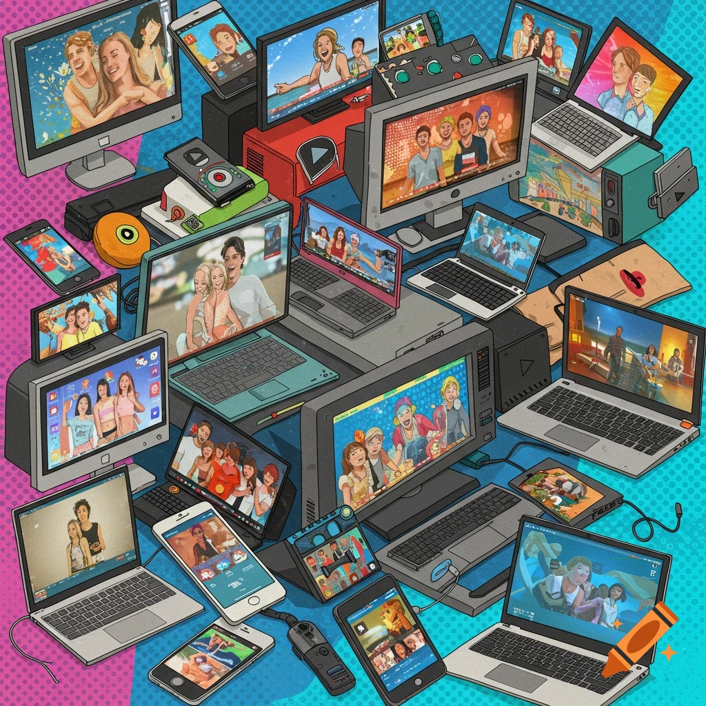 Illustrative image of many electronic devices like monitors, laptops, and phones displaying various videos on their screens.