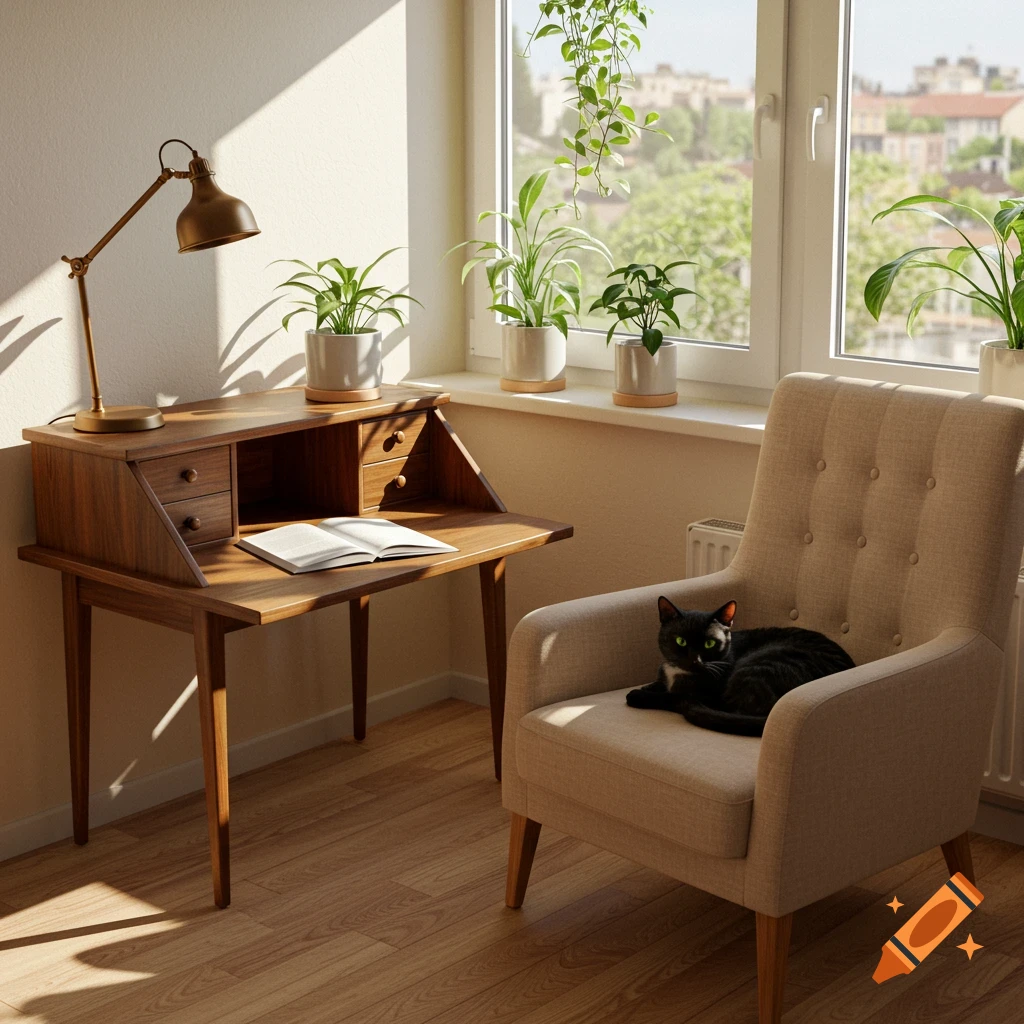 A black cat rests on a beige armchair beside a wooden desk with an open book and lamp, near a window with potted plants. Photorealistic.