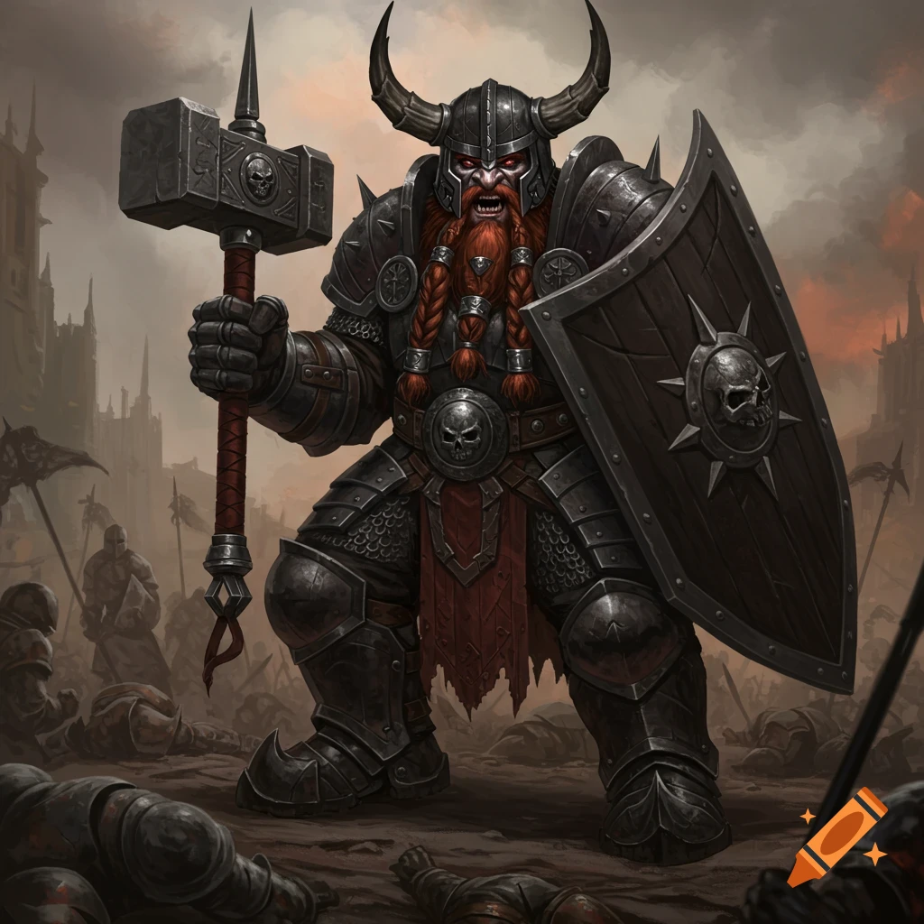 Heavily armored fantasy dwarf warrior with hammer and shield standing over fallen enemies.