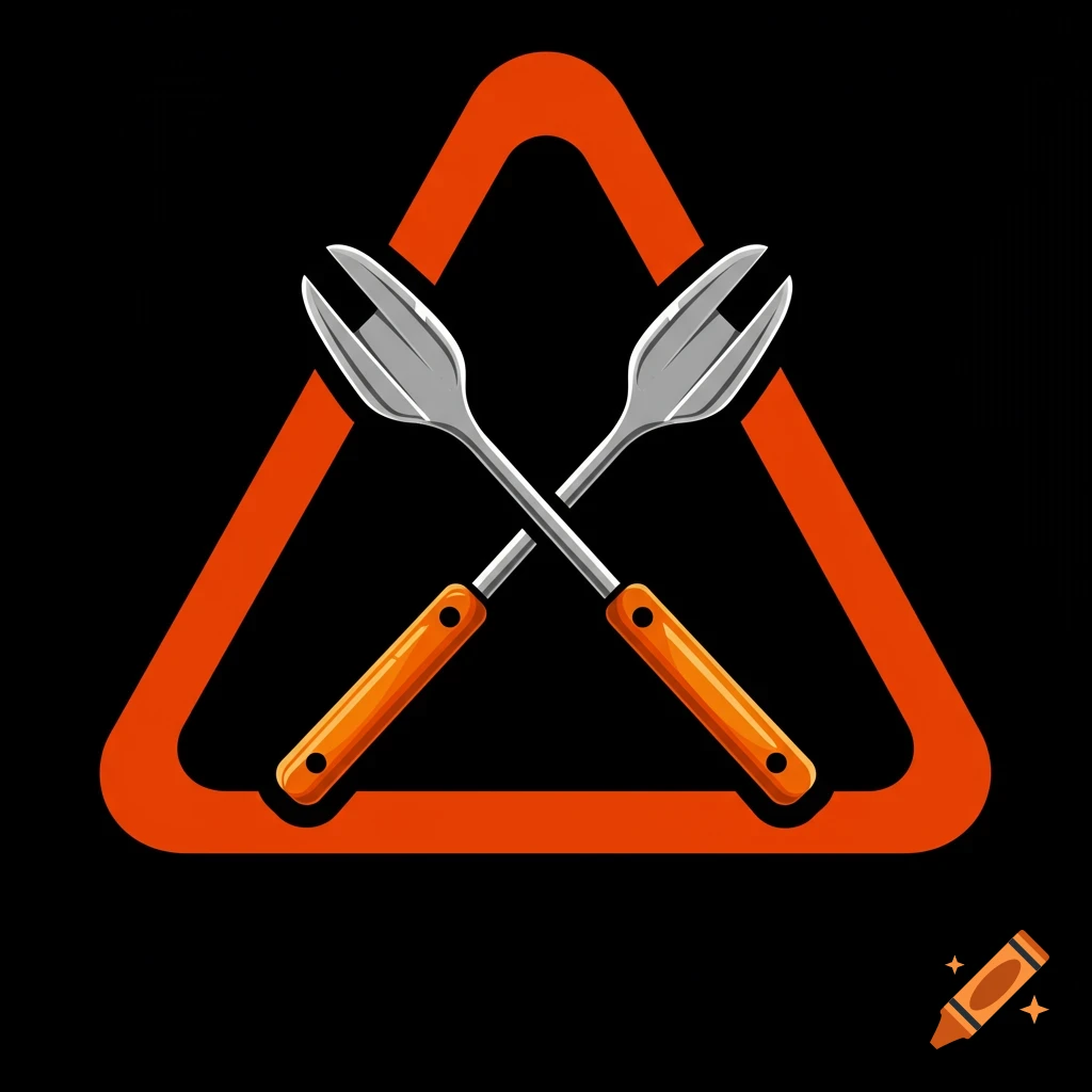 Logo with crossed barbecue tongs inside an orange triangle
