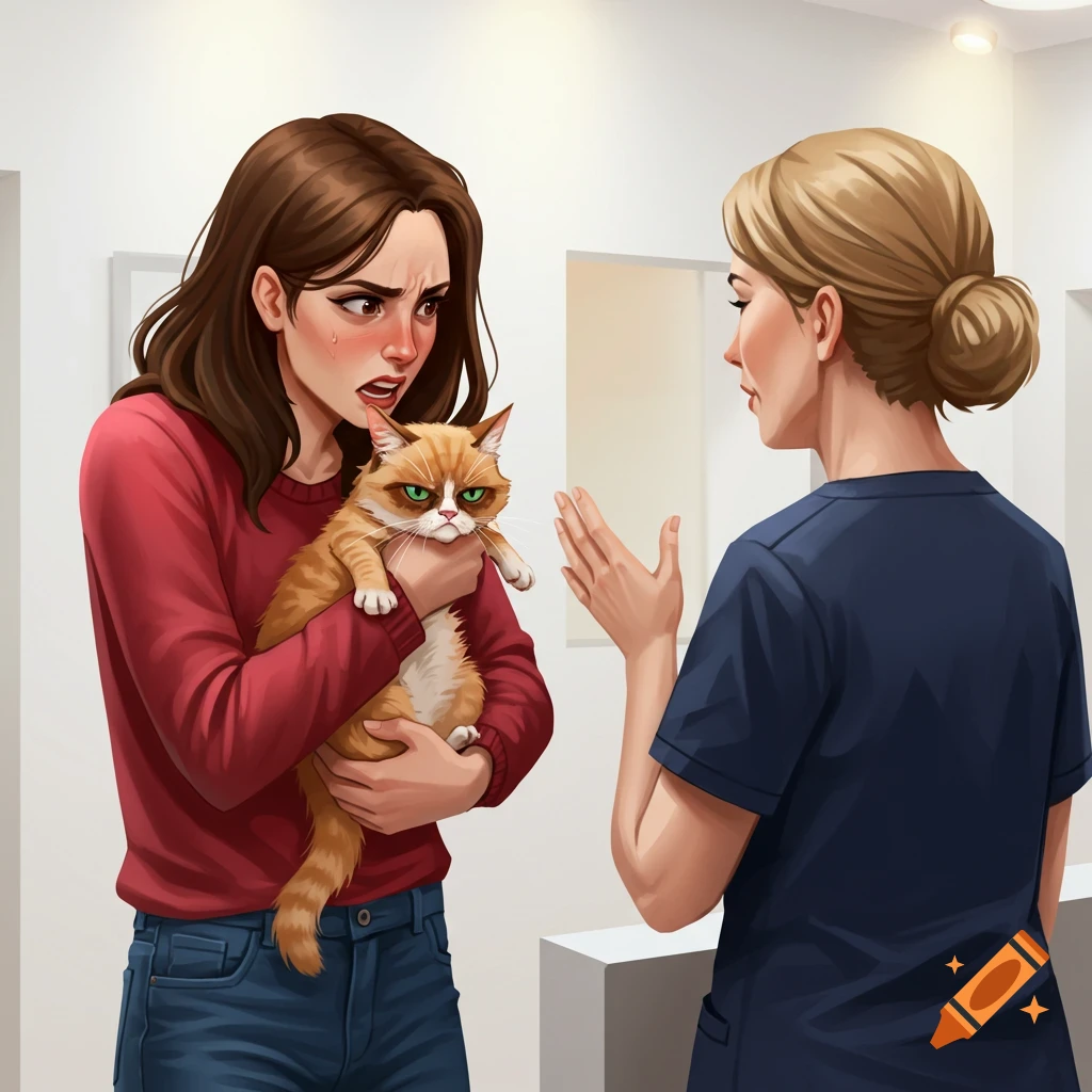 Woman holding a grumpy cat talks to a vet in a clinic