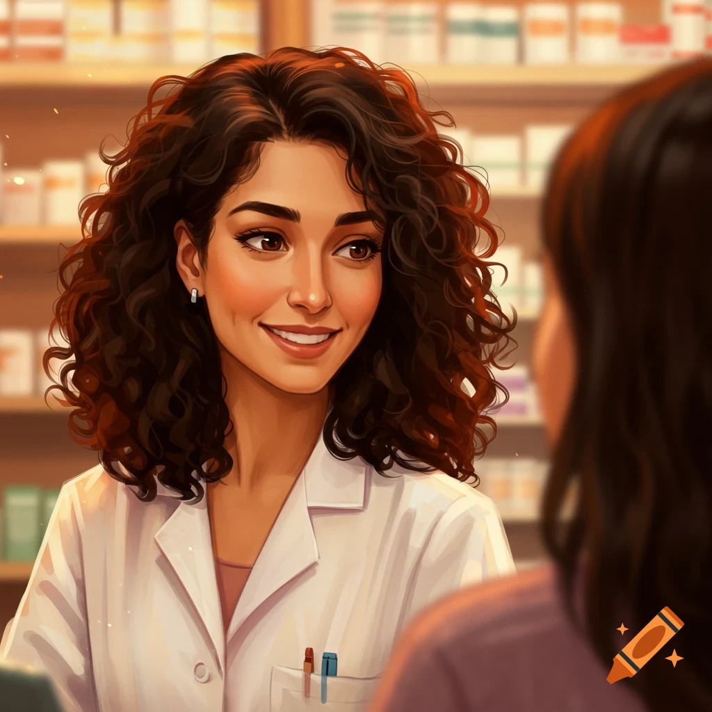 Illustration of a smiling pharmacist in a white coat talking to a customer across a counter in a pharmacy.