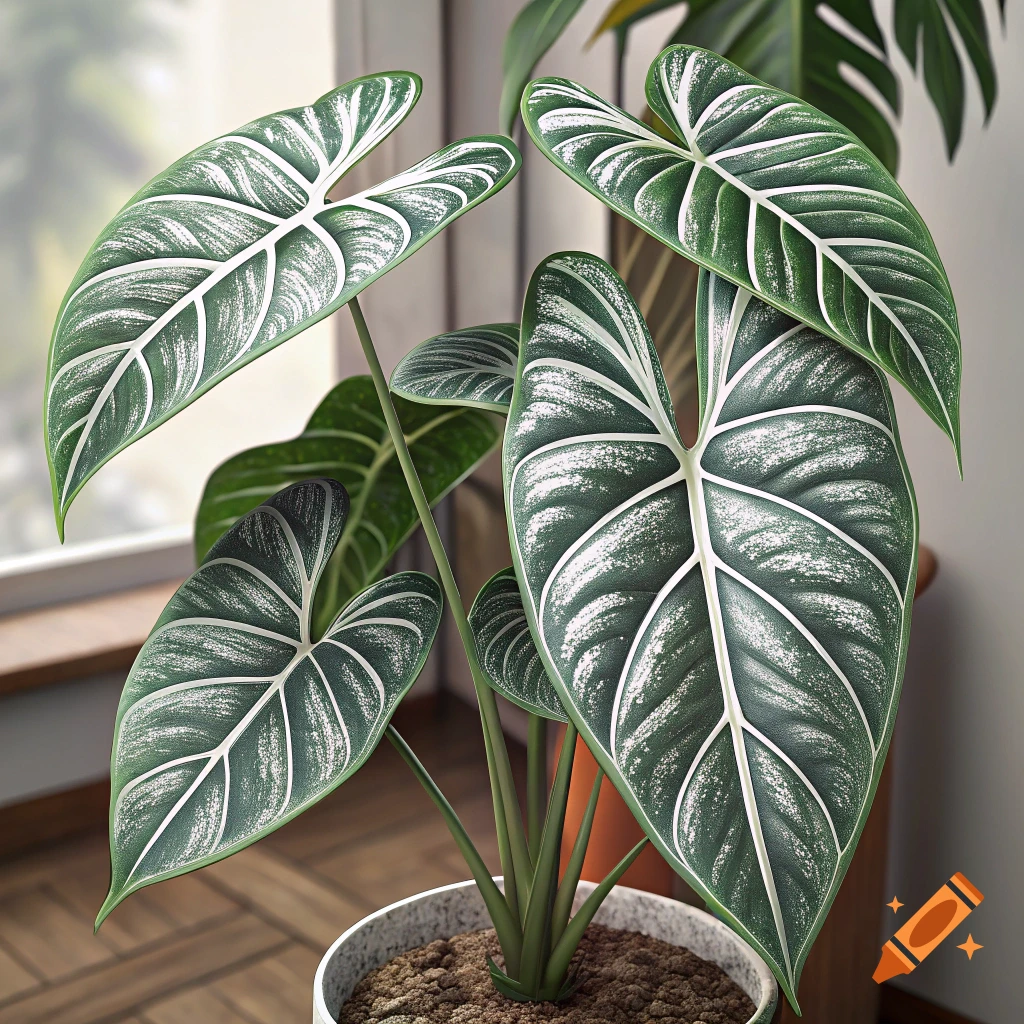 A close-up of a potted Alocasia Wentii houseplant with large green leaves and prominent white veins.