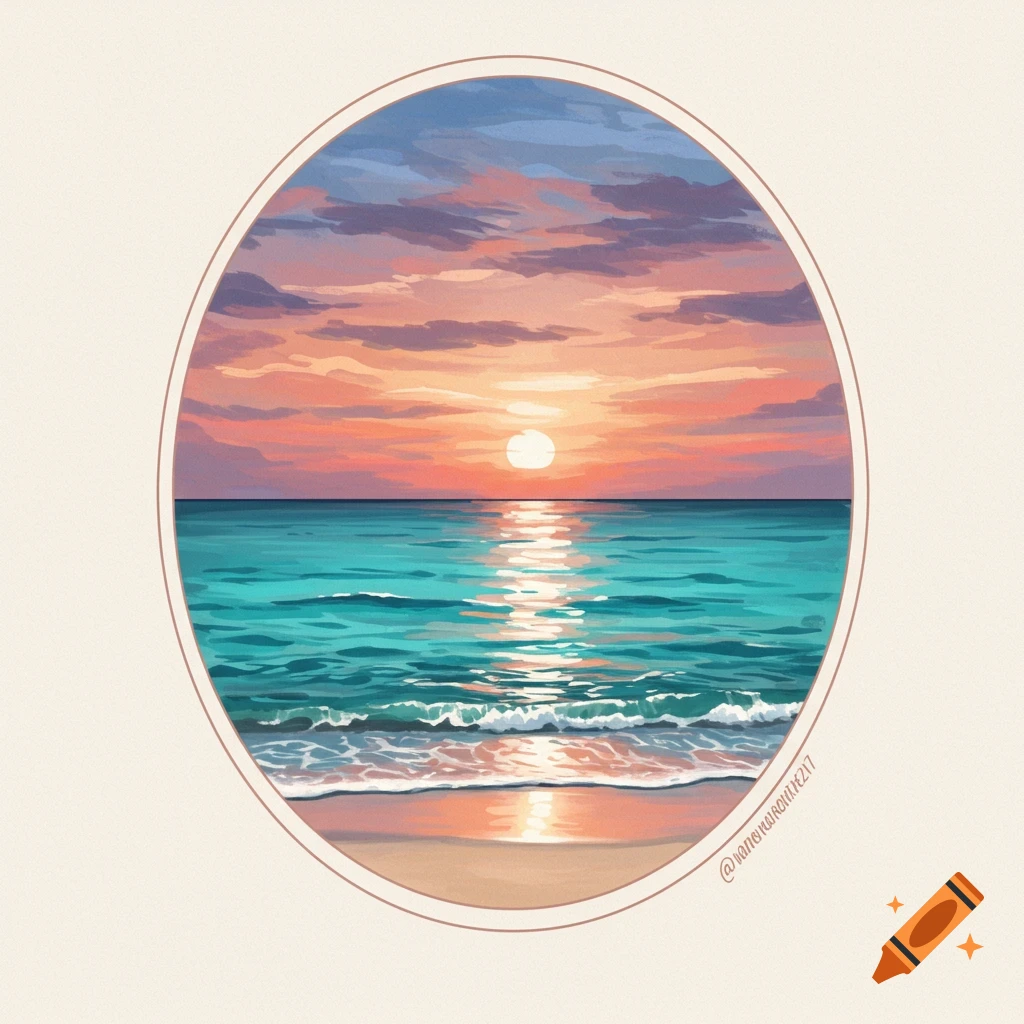 Illustrated beach sunset in an oval frame